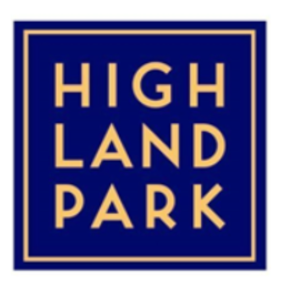 Highland Park in Blue gold letters in a blue box