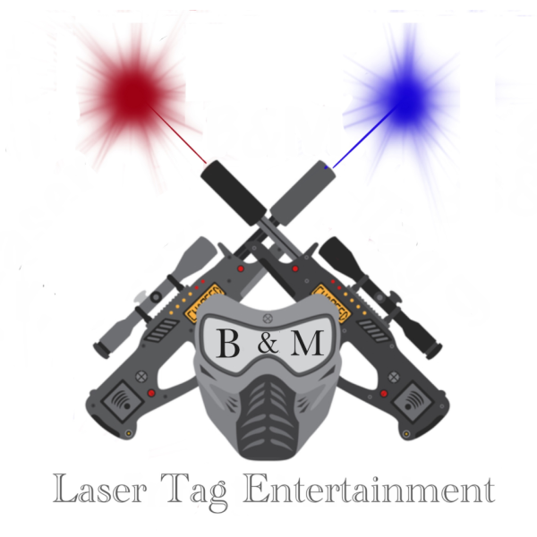 BM Laser Tag logo is a drawing of two laser tag guns with name of business