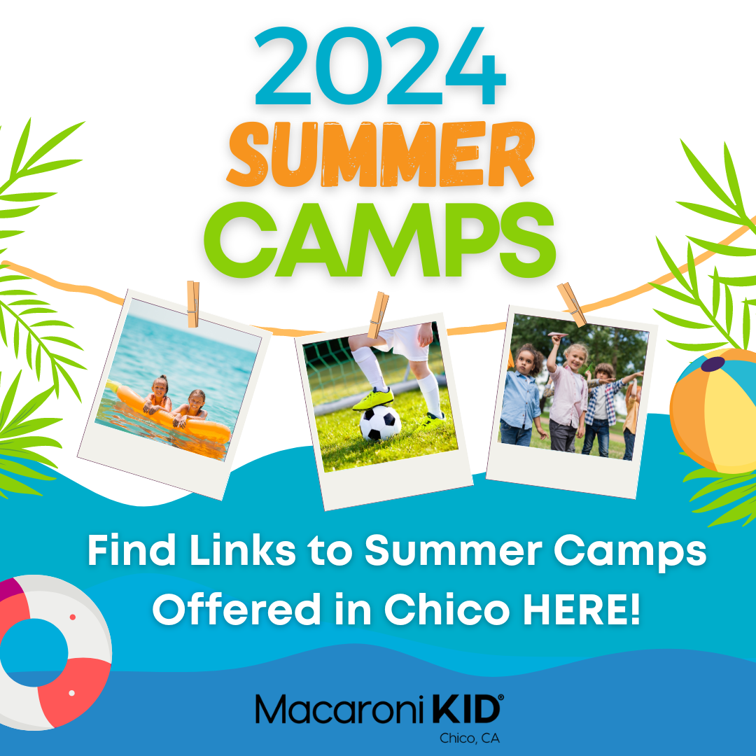 Polaroids of summer camp activities are strung with palm leaves, ocean waves, a lifesaver and beach ball. Text: 2024 Summer Camps: Find Links to Summer Camps Offered in Chico HERE! Macaroni KID Chico