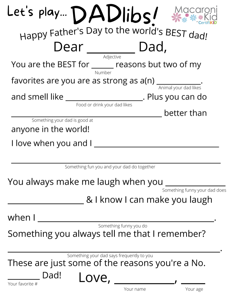 Get Your Free Father's Day Printable Let's Play DADLibs! Macaroni