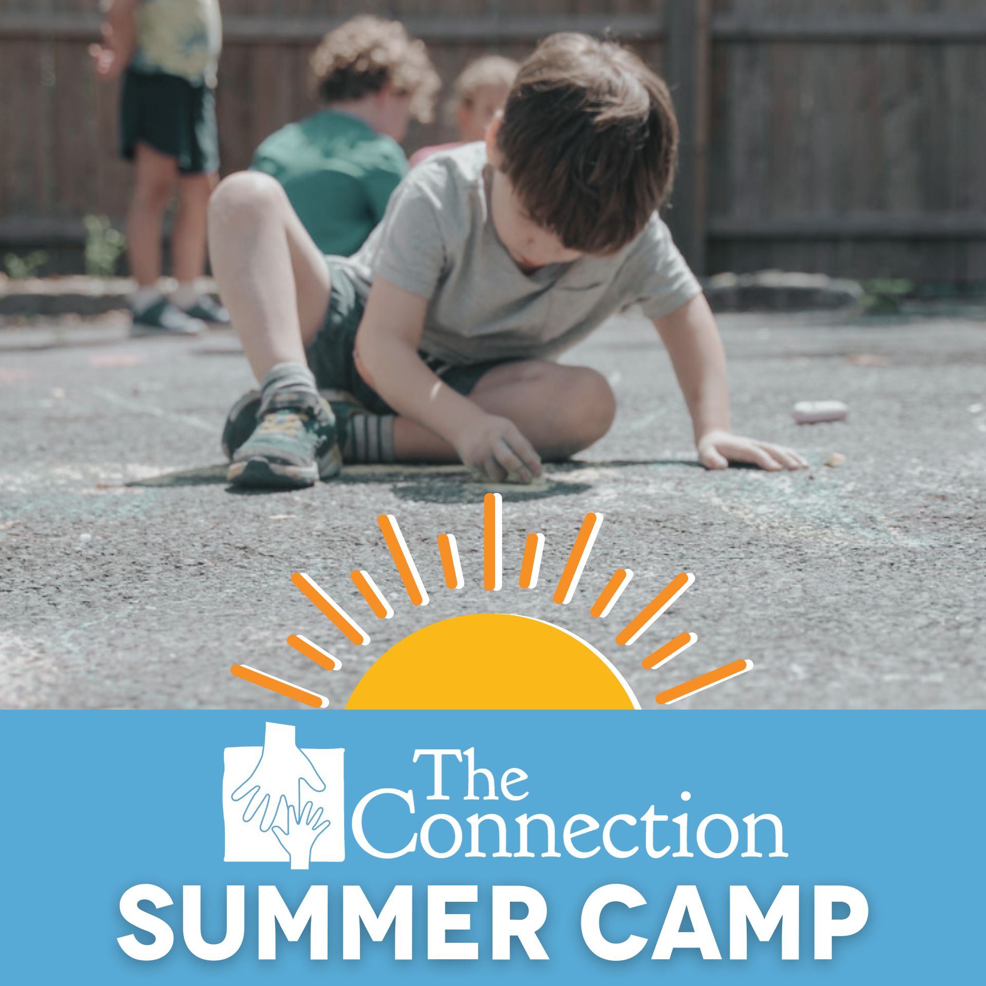 The Connection - Summit NJ - SUMMER CAMP - photo of kids playing with chalk outside - a graphic of the sun