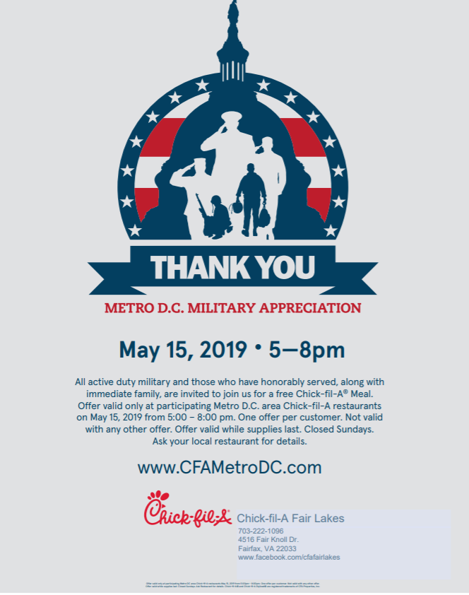 Chick-fil-A Metro D.C. Military Appreciation Day - May 15 - 