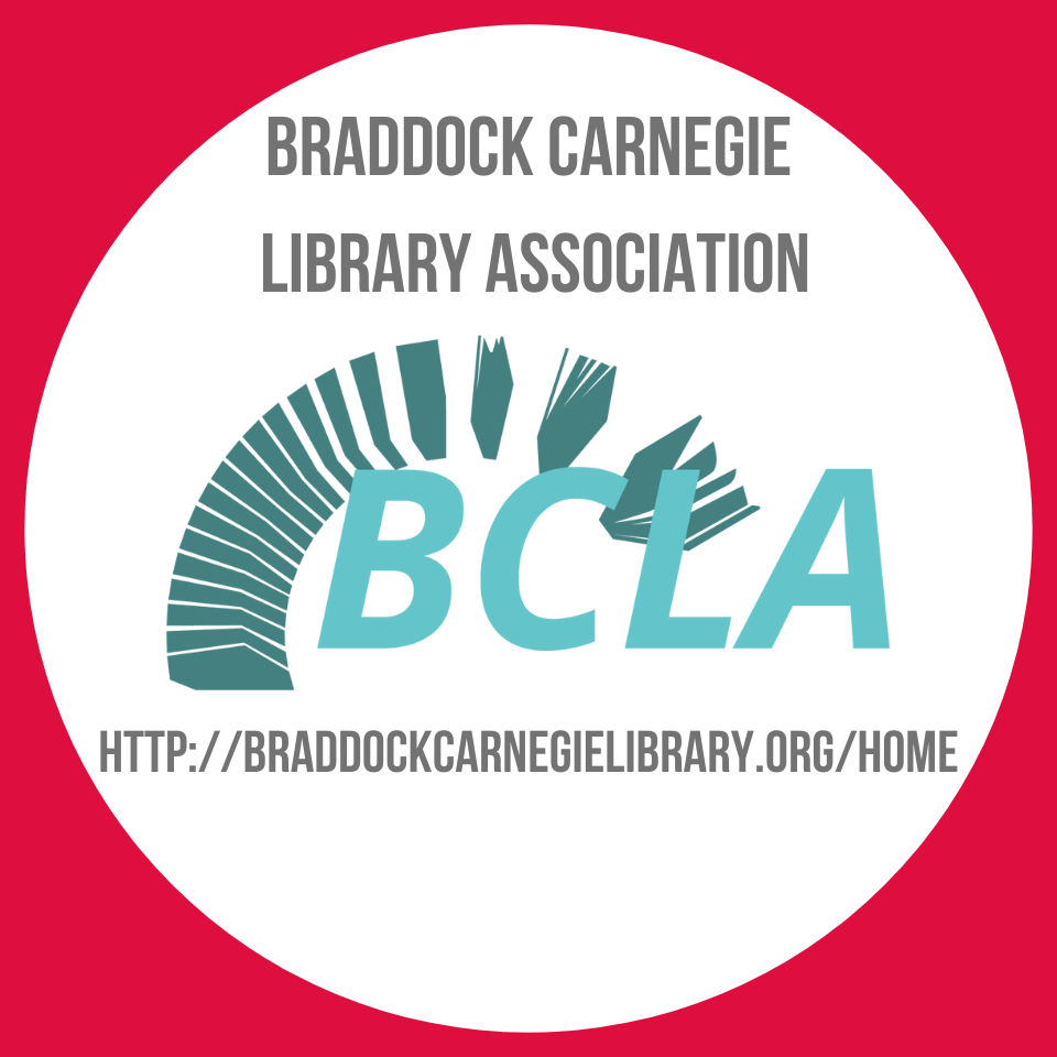 Braddock Carnegie Library Association Logo in white circle with red background