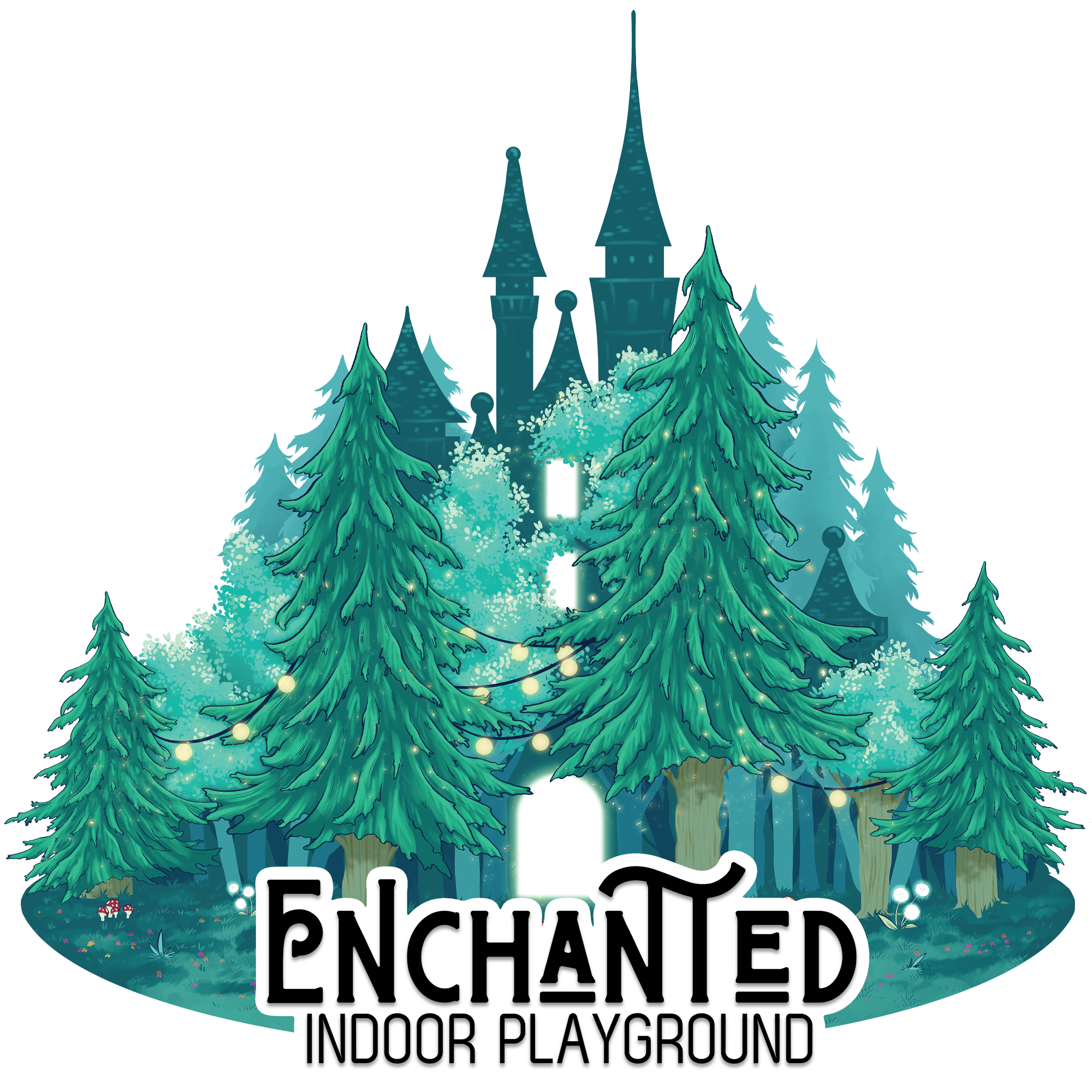 Enchanted indoor playground logo with a castle hidden by sequoias