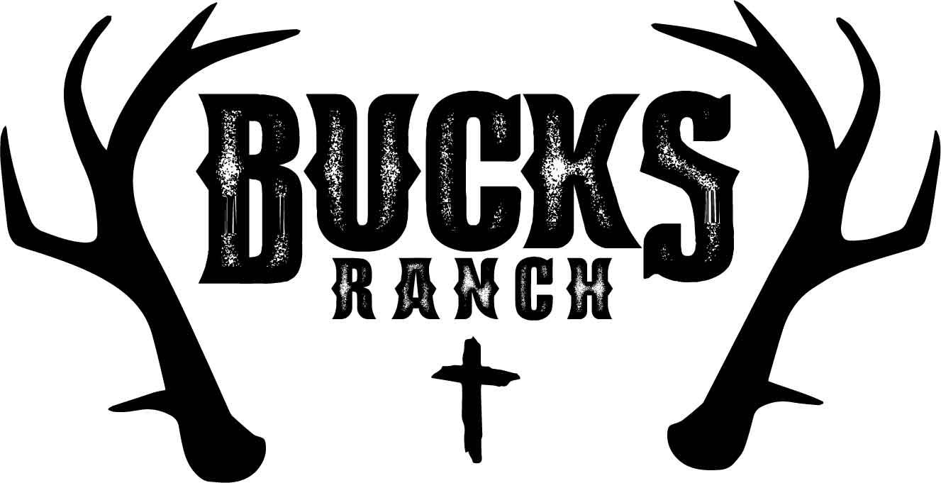 Logo reads Bucks Ranch with antlers on either side and a cross below