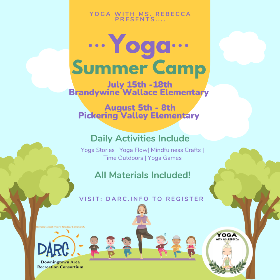 Yoga Summer Camp infographic July 15 BRandywine Wallace August 5 Pickering information on daily activities with trees and person doing yoga