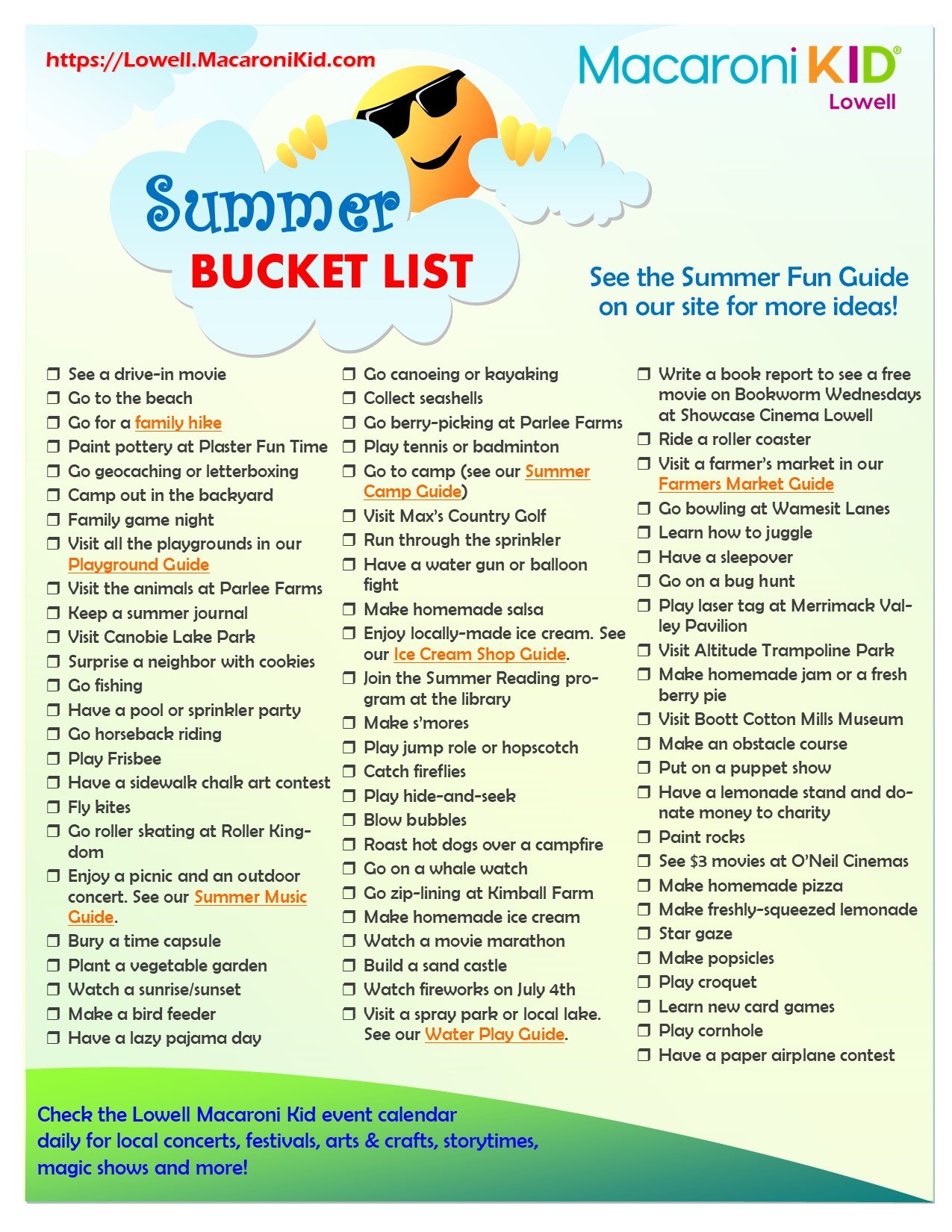 75+ Things to Do on our Greater Lowell Printable Summer Bucket List