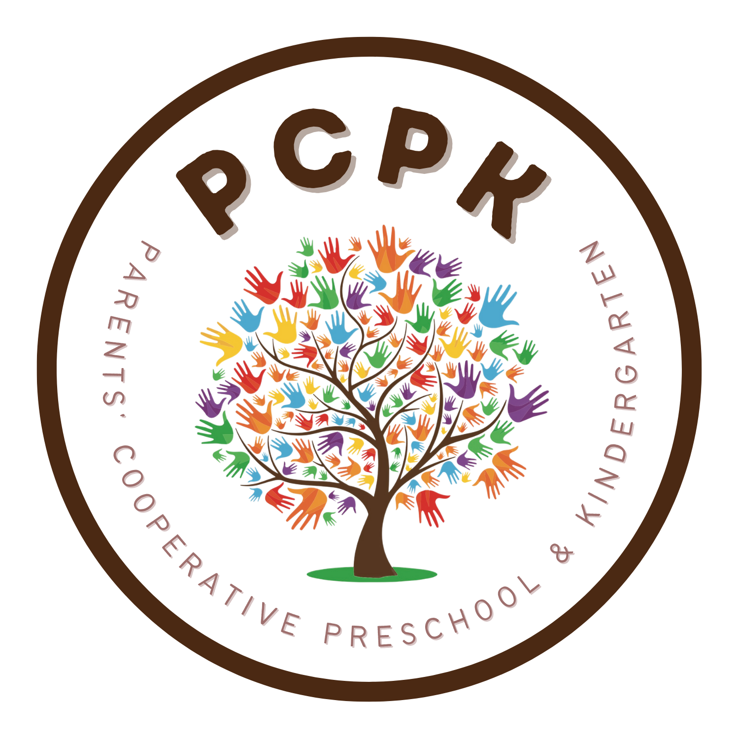 Parents' Cooperative Preschool and Kindergarten logo featuring a tree with colorful children's handprints as leaves