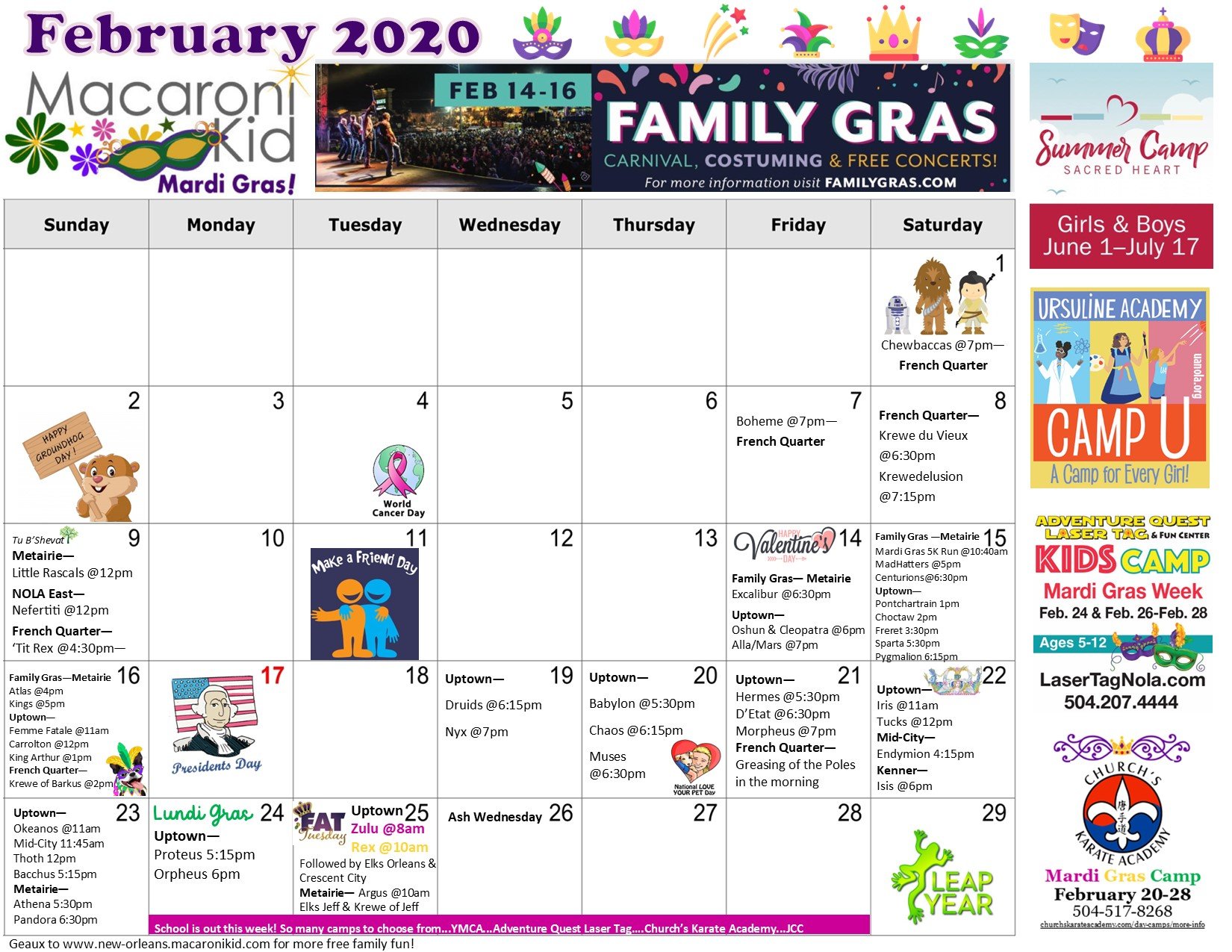 Get Your Mardi Gras and February 2020 Celebrations Free Calendar