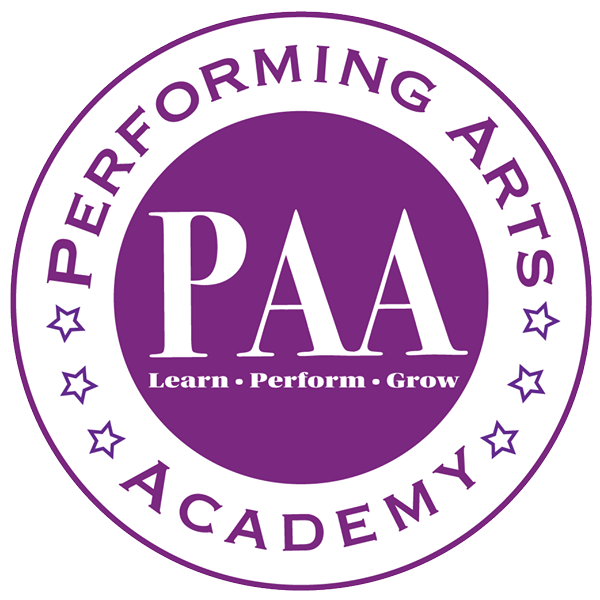 Circular logo, purple and white, says Performing Arts Academy around outside and PAA Learn Perform Grow in the center
