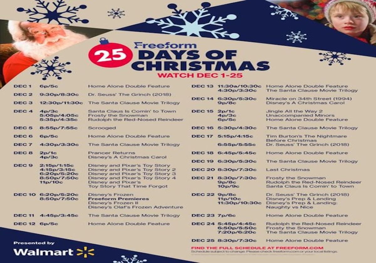 Freeform 25 Days Of Christmas 2025 Schedule Brooks Novelia