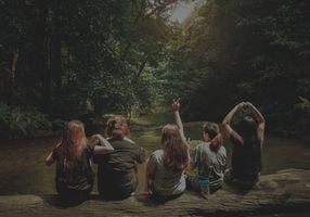 view of the backs of 5 women sitting on a log over looking a creek