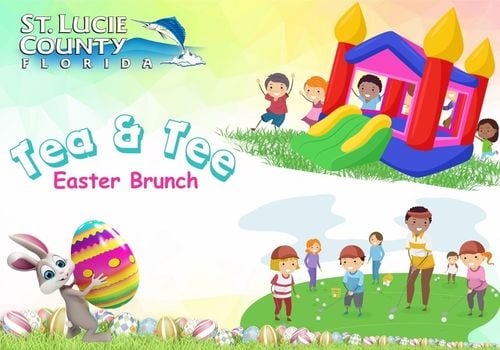 pictures of children playing on bounce house, playing golf and Easter Bunny with eggs