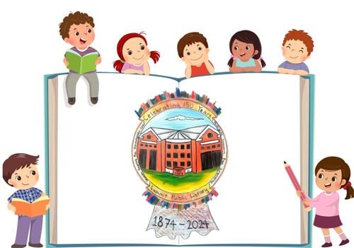 Summit Public Library - NJ - Celebrating 150 Years - 1874 – 2024 - the round logo is a hand drawn image of the library for their anniversary & is on a large book with illustrated kids surrounding it