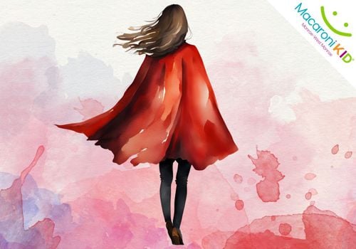Brown haired woman cartoon art, wearing an red cape that is indicating the strength of a woman surviving a violent attack.