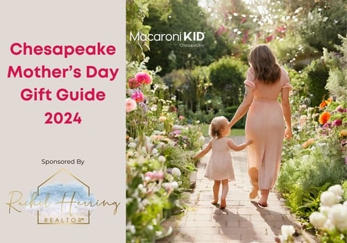 Chesapeake Mothers Day Gift Guide 2024 small business locally owned gifts and services for pampering mom on mother's day. Mother and child walking down a garden path. Sponsored by Rachel Herring