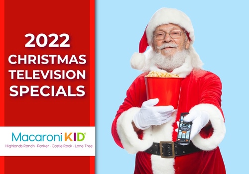 Santa Claus holding a TV remote and a bucket of popcorn with text that says 2022 christmas television specials