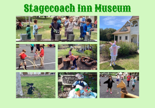 Springtime at the Stagecoach Inn Museum with photos of kids making bubbles, hunting for eggs, Metal bunny, Easter bunny, old fashioned bunny with egg bucket by Nature Trail, kids roping and hoop play