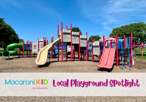 Image of a large playground with multiple slides, covered and uncovered, climbing areas, and a blue sky in the background. The playground is shaped like a grey castle. Words on the image are magenta and say Local Playground Spotlight, with the Macaroni KID Springfield MO logo.