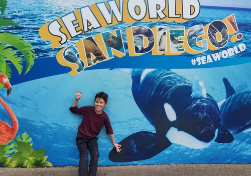 9 year old boy smiling in front of an outdoors Orca Mural at Sea World San Diego