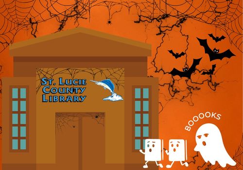 Library building surrounded by bats, ghosts and spider webs