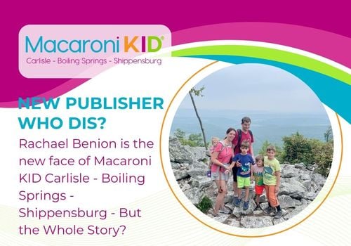 Rachael Benion and her family hiking on a rocky mountain trail with scenic views, announcing her new role as publisher for Macaroni KID Carlisle - Boiling Springs - Shippensburg.