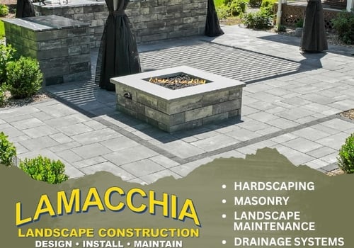 Lamacchia Landscape Construction logo with the words design, install, maintain, hardscaping, masonry, landscape maintenance, drainage systems, driveways