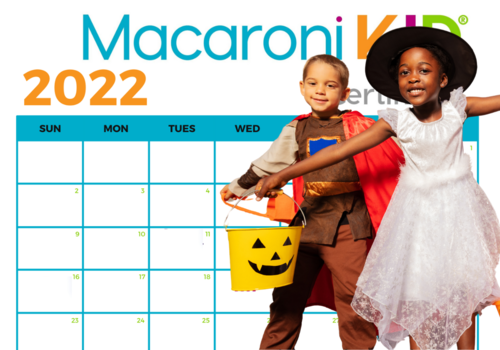 Kids in Halloween Costumes with calendar behind them