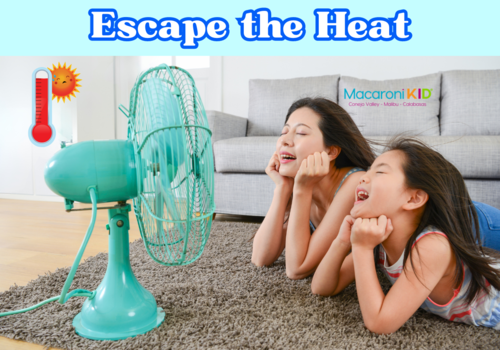Escape the Heat, image of a mom and daughter lying in the carpet in front of a fan enjoying the coolness