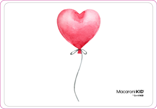 Painting of a Valentine's Day heart balloon with Macaroni KID logo