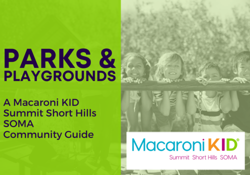 Parks and Playgrounds - A Macaroni KID Summit Short Hills SOMA Community Guide; graphic: lime green background for text and an image of kids smiling on a playground structure.