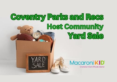 Picture of a box with yard sale items in it, sneakers and teddy bear