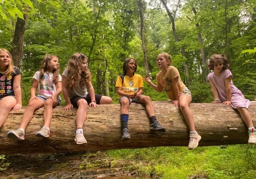 Kimberton Waldorf School kids sitting on a log outdoors