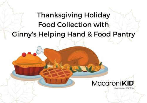 Image of thanksgiving pies and a turkey with text that reads Thanksgiving Holiday Food Collection with Ginny's Helping Hand & Food Pantry