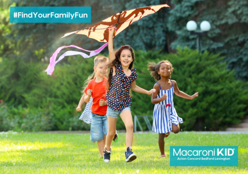 Kids running and flying kites