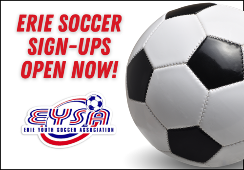 Erie Soccer Sign Ups Open Now with EYSA logo and soccer ball