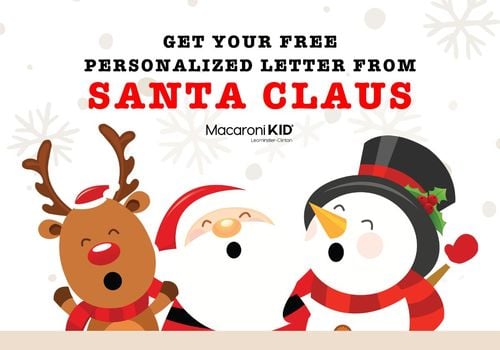 Shows a cartoon reindeer, santa and snowman with the text reading Get your free personalized letter from Santa Claus