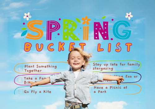 boy looking happy against blue sky with spring bucket list super imposed over top