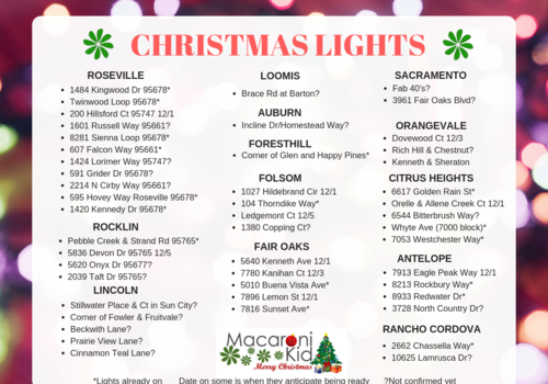 Christmas holiday Light Displays Citrus Heights, Carmichael Fair Oaks Orangevale Roseville Rocklin Lincoln Sacramento CA