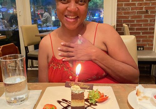 Graphic of publisher celebrating her birthday at Murphys of Atlanta