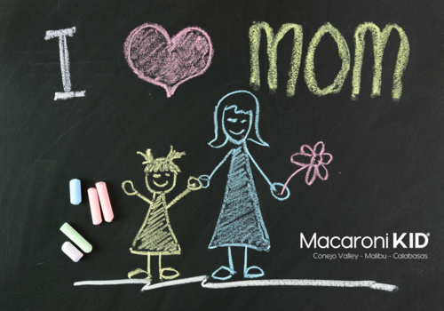 I heart Mom written in colorful chalk with a drawing of a mom and a girl