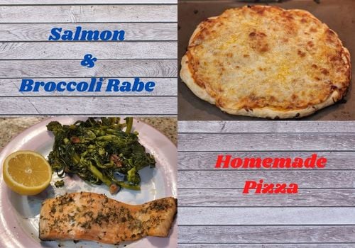 Lent Dinner Salmon and Broccoli Rabe and Homemade Pizza