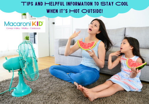 Tips and Helpful Information to Stay Cool When it's Hot Outside! A mom and daughter sitting on the living room floor across from a fan, eating watermelon and using their hands to fan themselves