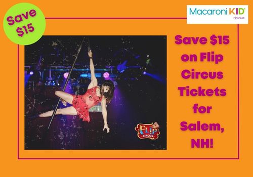 Save $15 on Flip Circus Tickets for Salem, NH, Woman in red outfit hanging in air off tilted pole