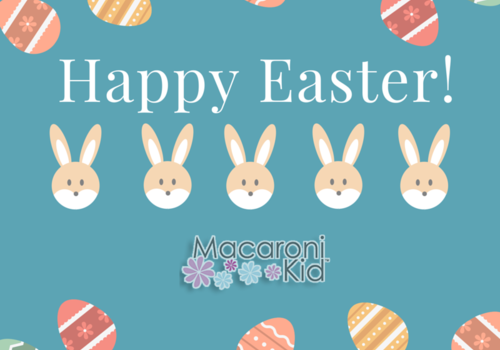 Cartoon bunnies and easter eggs on a blue background with the words Happy Easter and the Macaroni Kid logo.