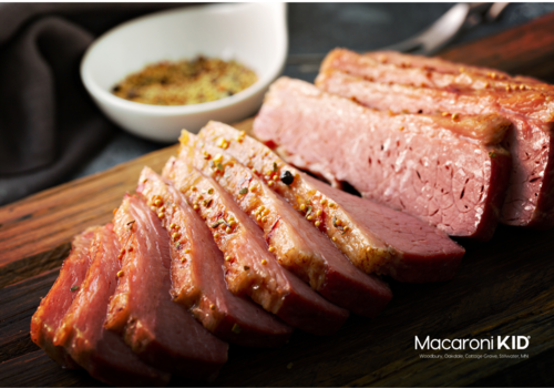 Sliced Corned Beef on cutting board