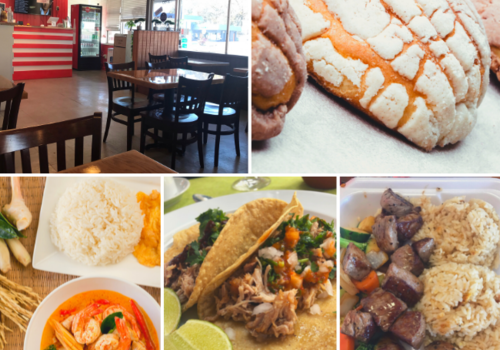 photo collage of 5 photos: restaurant interior with wooden chairs and tables, Mexican concha bread, thai seafood soup with a side of rice, tacos, and hibachi steak.