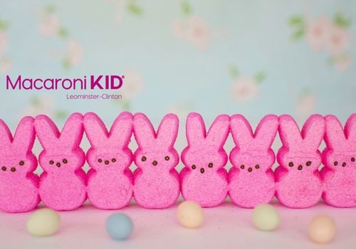 shows a row of pink easter bunny peep candies and the macaroni kid logo