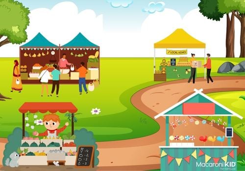 cartoonish image of outdoor market with vendor booths