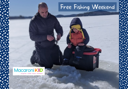 father and son ice fishing on a frozen lake